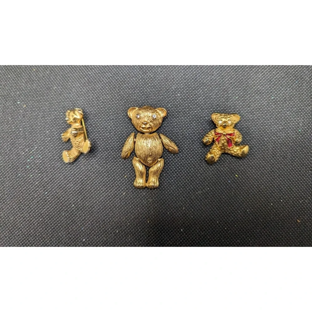 Gold Tone Teddy Bear Brooch Pin Lot Of 3 With Rhinestone Eyes Articulated Design